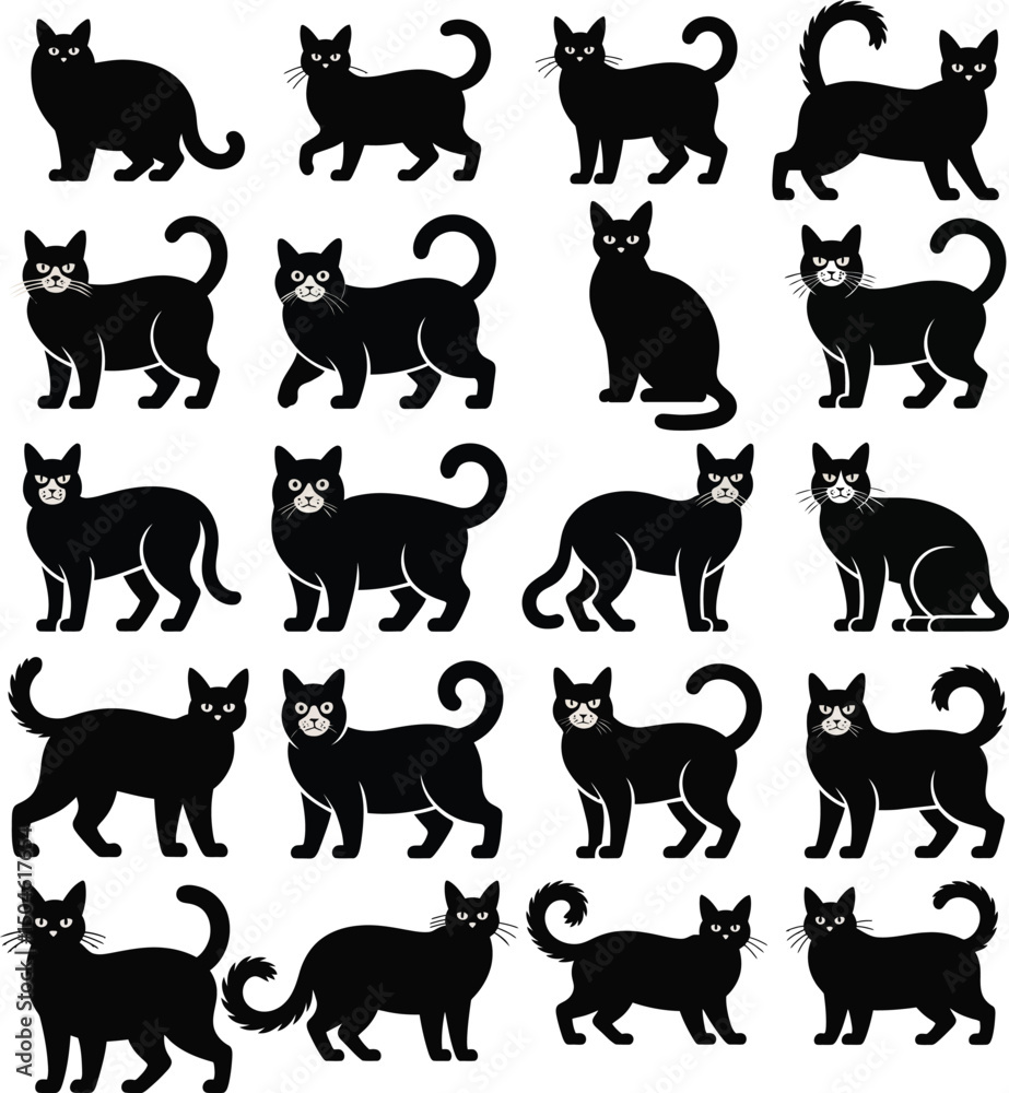 Fototapeta premium A se of 20 different species cat breeds silhouette black illustration