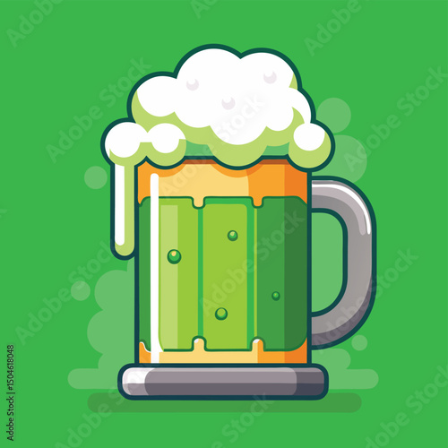 Vibrant illustration of a green beer mug overflowing with frothy foam on st patrick's day