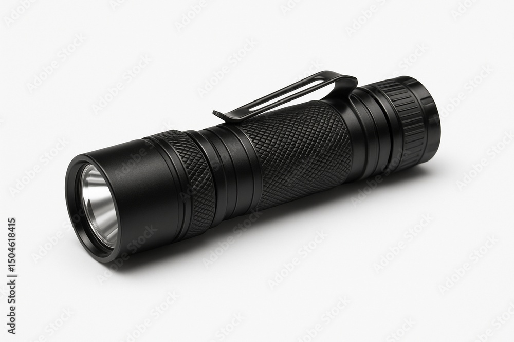 Black compact tactical flashlight on white background Black compact tactical flashlight on white background