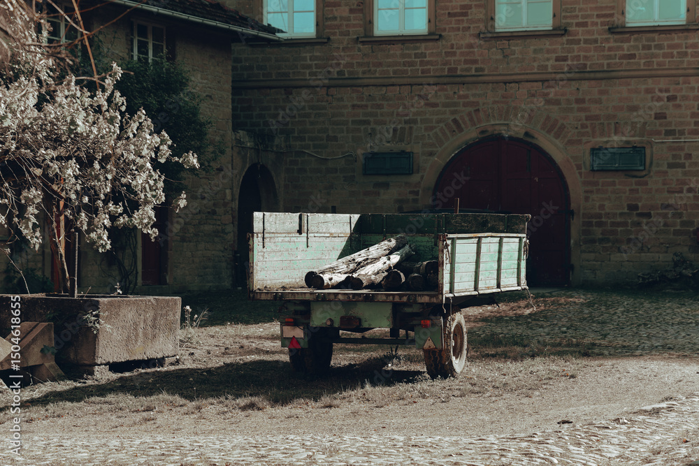 Obraz premium Rustic wooden cart waits in a quiet courtyard surrounded by historic stone buildings under soft sunlight