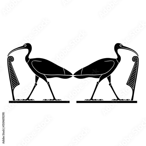 Symmetrical ethnic mythological design with two sacred ibises. Ancient Egyptian god Thoth as sacred bird holding Maat feather. Black and white silhouette.