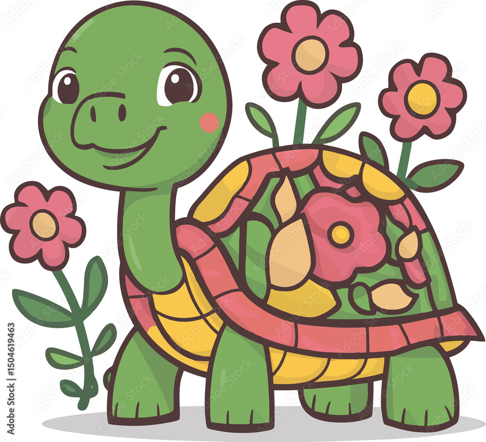 Naklejka premium Playful turtles amidst vibrant flowers for a charming and serene image