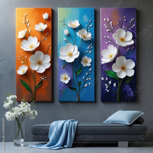 Fototapeta Naklejka Na Ścianę i Meble -  Three abstract floral wall art panels.  White flowers, 3D effect,  vivid colors.  Modern, minimalist style.  Set against a couch and room interior