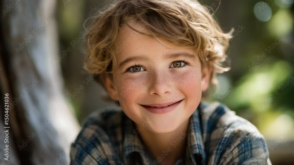 A happy Caucasian boy smiling on a tree stump in a forest clearing A happy Caucasian boy smiling on a tree stump in a forest clearing