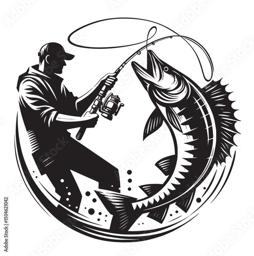 Detailed depiction of a fisherman in action, capturing the moment a fish is caught on the line.