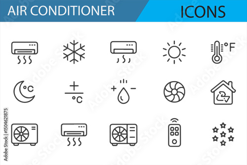A collection of air conditioning-related icons, including temperature controls, airflow symbols, and cooling features in simple line art.