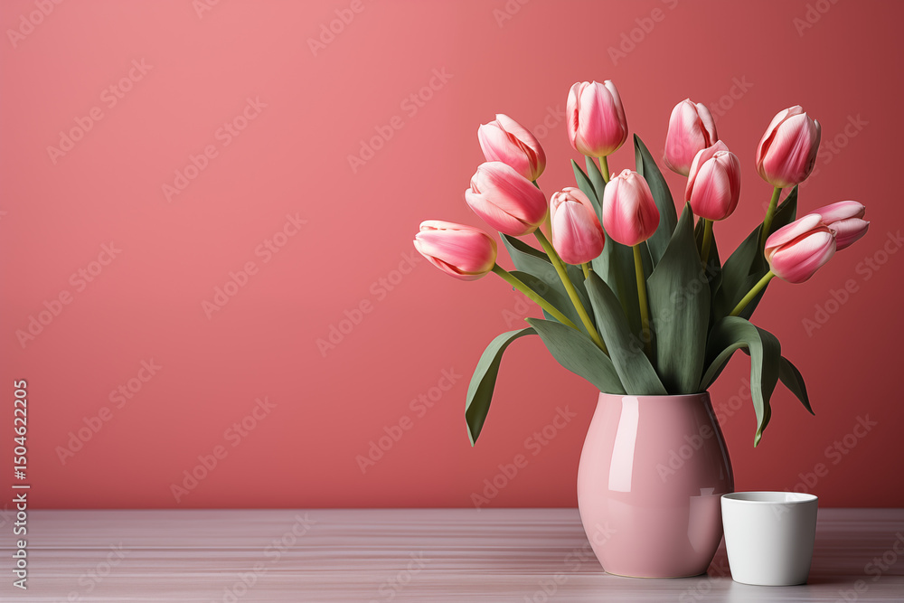 Obraz premium Pink tulips in vase on table with cup and solid color background