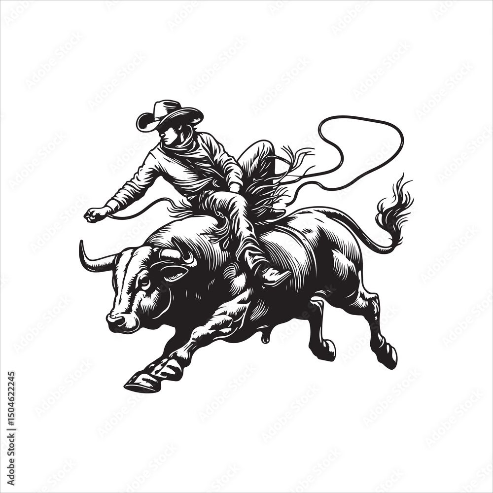 Obraz premium Bull Rodeo Showdown – Cowboy Riding a Bucking Bull in Action