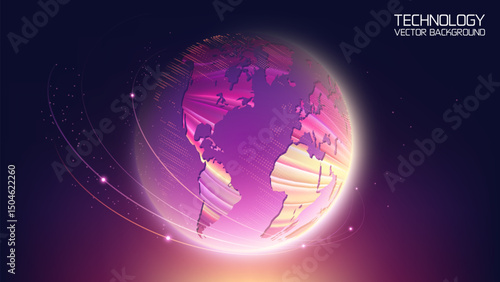 Bright technological vector background. Planet Earth. Abstract technological rings in the orbit of the planet. Global communication system and communication satellites. Religious image. 