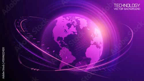 Dark purple technology vector background. Planet Earth. Abstract technological rings in the orbit of the planet. Global communication system and communication satellites. Religious image. 