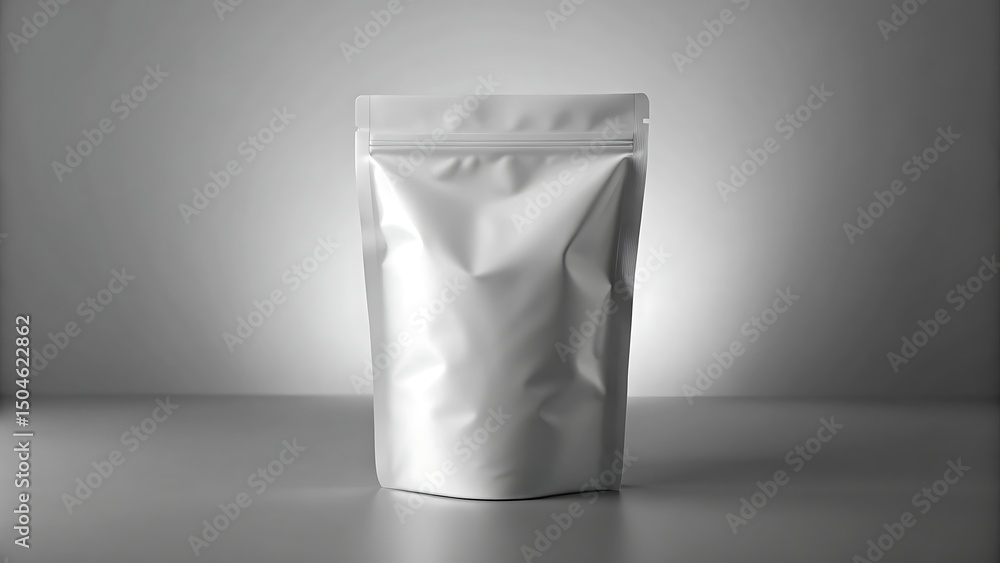 Blank white foil pouch packaging mockup for product branding and presentation Blank white foil pouch packaging mockup for product branding and presentation