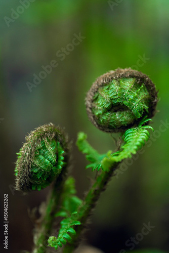 Close-up of young fern fronds (fiddleheads) beginning to unfurl in early spring. Their rich green texture and curled shape make this image ideal for botanical, forest, and seasonal nature themes.
