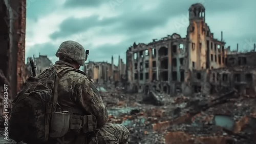 Wallpaper Mural Soldier observing the devastation of a war-torn city, amid ruins and overcast skies, reflecting on loss Torontodigital.ca