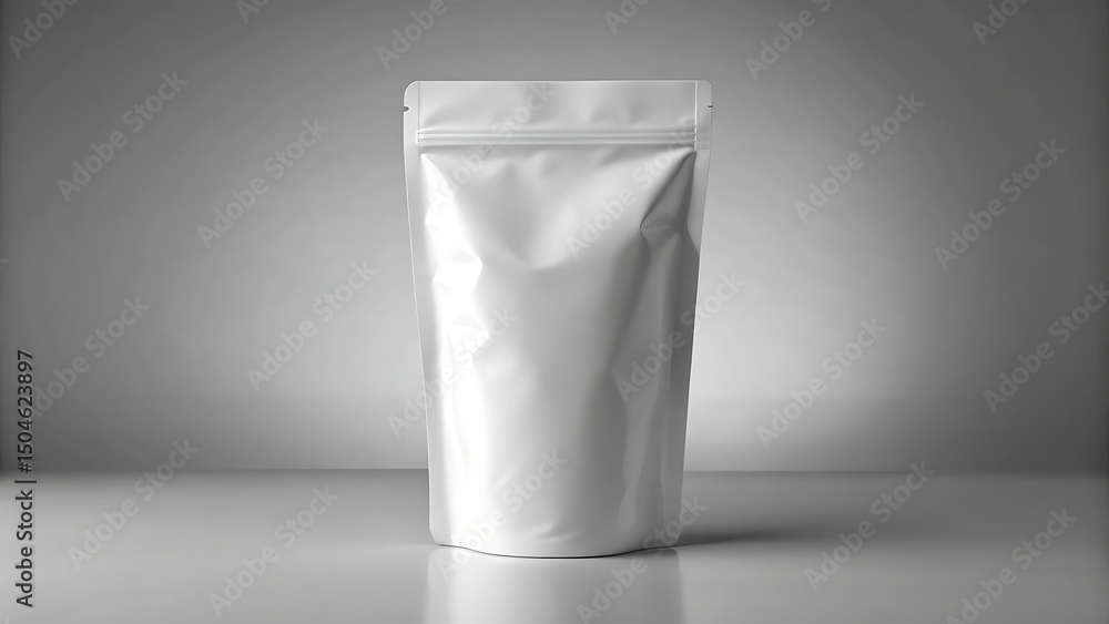 Blank white pouch packaging mockup with zipper isolated against neutral background Blank white pouch packaging mockup with zipper isolated against neutral background