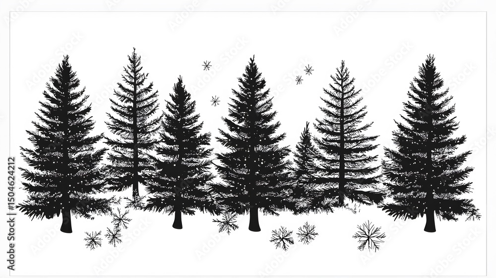 Obraz premium Snowy Winter Forest Silhouette Black and White Illustration