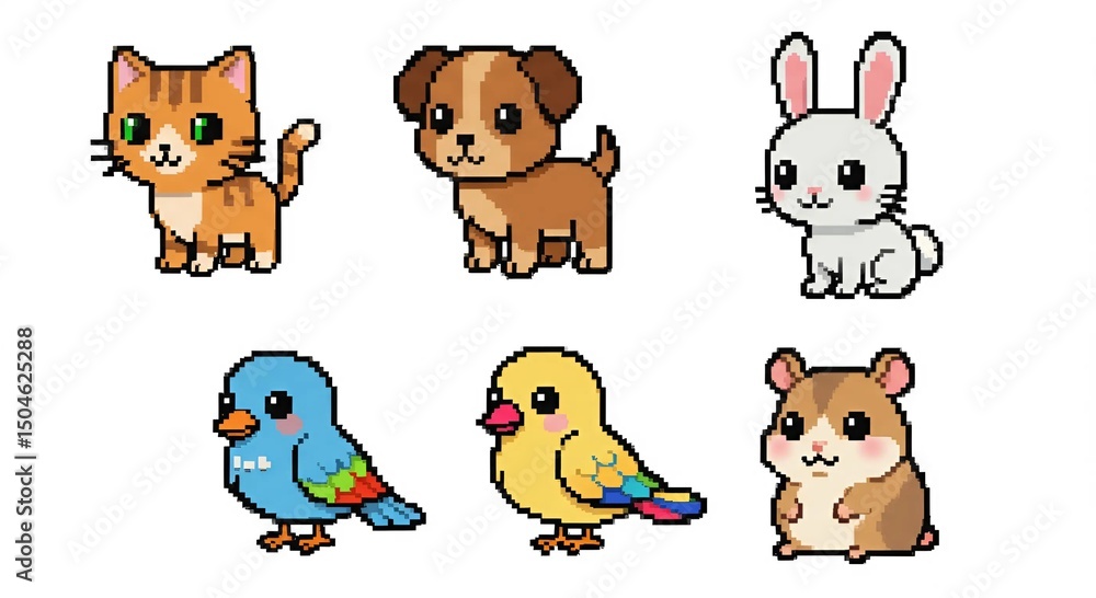 Fototapeta premium Tiny Cute Animals in Pixel Art – numbers of bits Cartoon Creatures on White Background