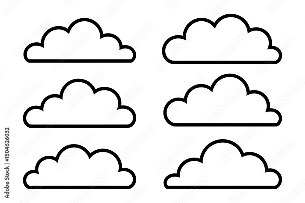 Six simple clouds in black outline style Six simple clouds in black outline style