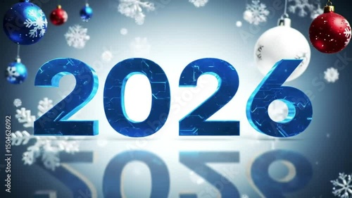 3d render, 2026 text, winter scene, snow, christmas ornaments, festive, glowing, sparkling, bokeh, detailed, photorealistic
