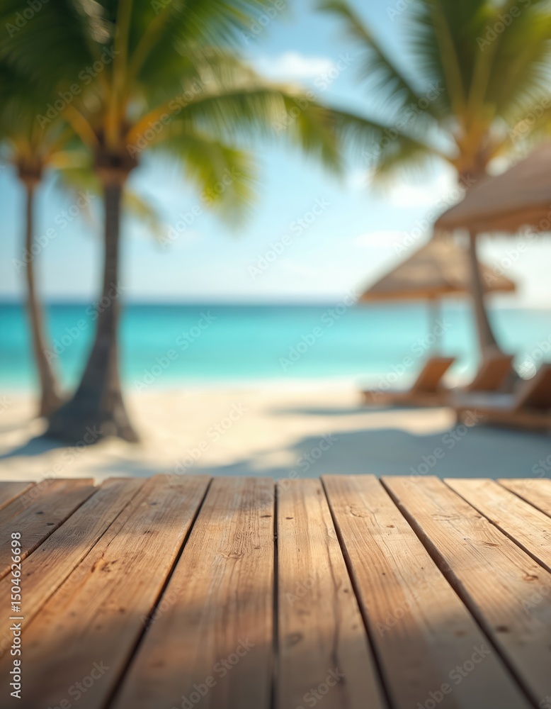 Fototapeta premium Empty wooden table in front of blurred beach with coconut trees, deck chairs, umbrellas. Sea and sky background, blue ocean, sandy beach. Perfect product display for tropical theme.