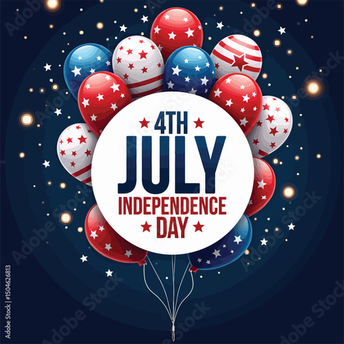 Festive Balloons Celebrating Independence Day: A vibrant ensemble of patriotic balloons, adorned in red, white, and blue, ascends against a backdrop of twinkling lights.
