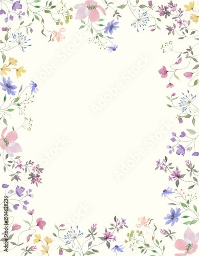 Watercolor floral frame with delicate wildflowers. Hand-drawn floral illustration isolated on pastel background. Vector EPS.