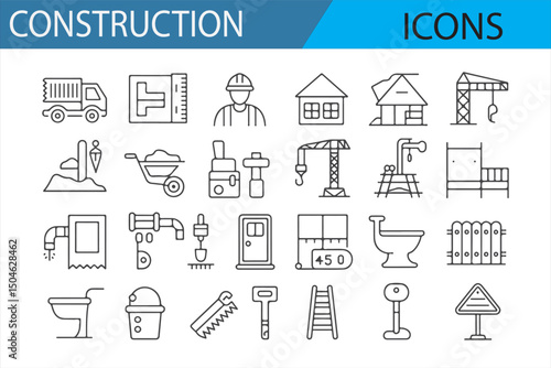 A series of icons showcasing tools, vehicles, and machinery commonly used in the construction industry.