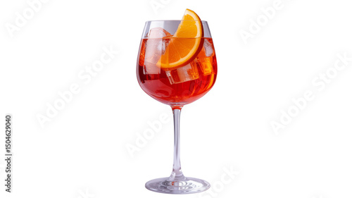 Orange cocktail with orange slice and  ice cubes in a wine glass, isolated on white background, summer beverage concept