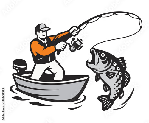  Classic fishing scene with a man in a boat, highlighting the thrill of catching a fish.