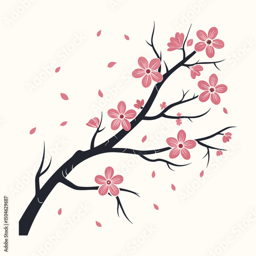 Elegant Cherry Blossom Branch Illustration Delicate Pink Flowers and Falling Petals