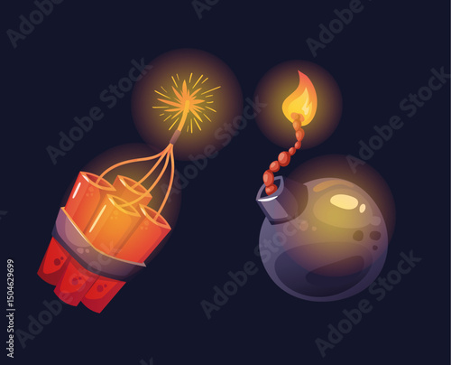 Bomb dynamite boom explosive ignite rope firecracker isolated set. Vector flat graphic design illustration