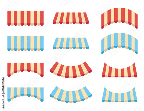 Store tent canopy roof awning shop umbrella stripe isolated set. Vector graphic design element illustration