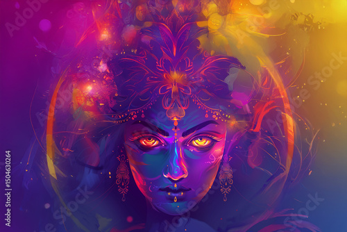 Wallpaper Mural Représentation spirituelle d'1 des 9 formes de Durga pour Navratri, visages divins symbolisant force, sagesse, pureté et protection, ambiance sacrée aux couleurs intenses et vibrantes Torontodigital.ca