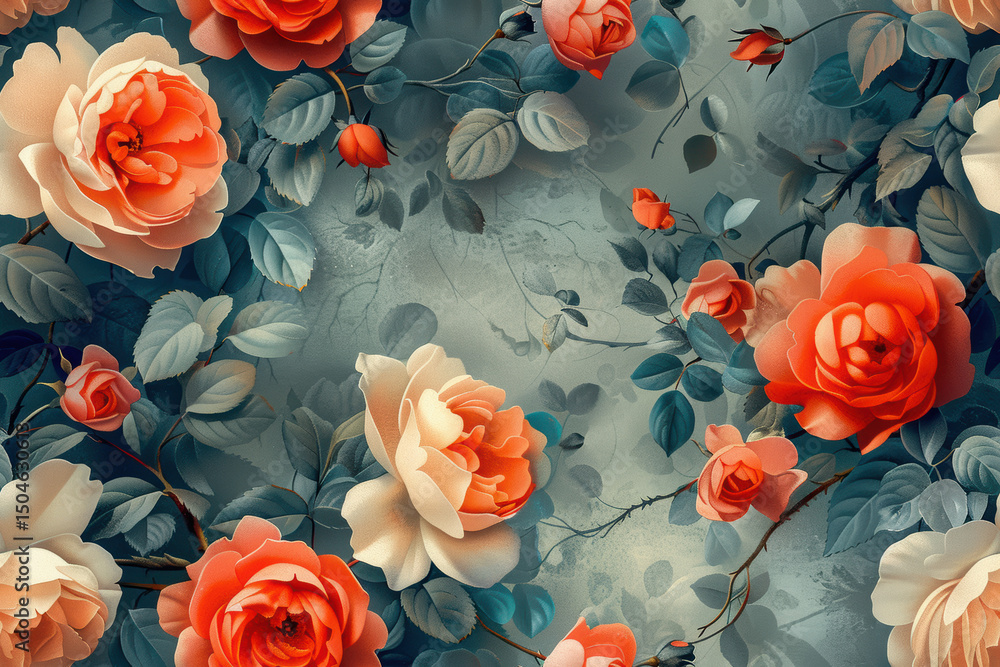 Seamless floral pattern featuring vibrant roses and lush leaves Seamless floral pattern featuring vibrant roses and lush leaves