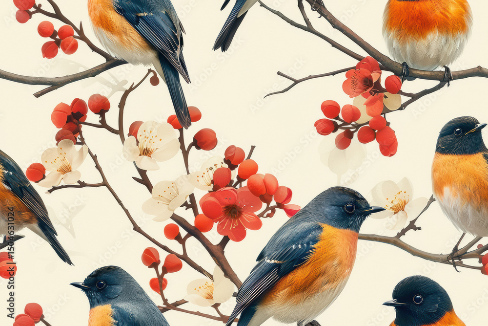 Fototapeta premium Colorful birds on a floral branch pattern background