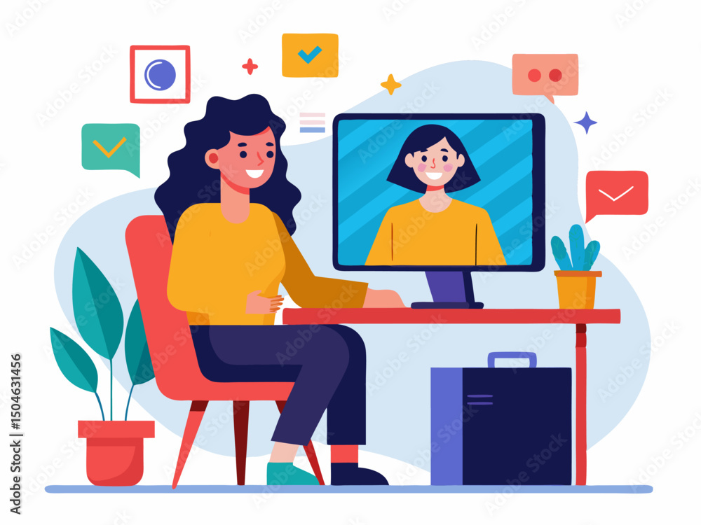Modern office video chat showing woman interacting with team in remote work environment Modern office video chat showing woman interacting with team in remote work environment