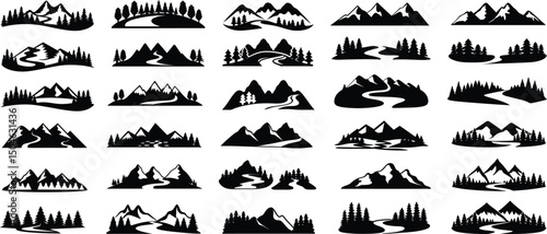 Nature Landscape Scenes: Illustrate serene landscapes featuring mountains set silhouette, forests, and rivers in a flat design suitable for travel brochures environmental campaigns collection vector
