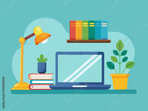 Laptop showing online auction text with gavel plants and books on colorful desk layout