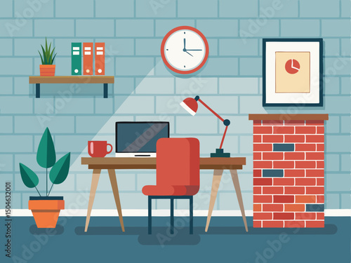 Minimalist office interior with white brick wall wooden desk red chair and open laptop