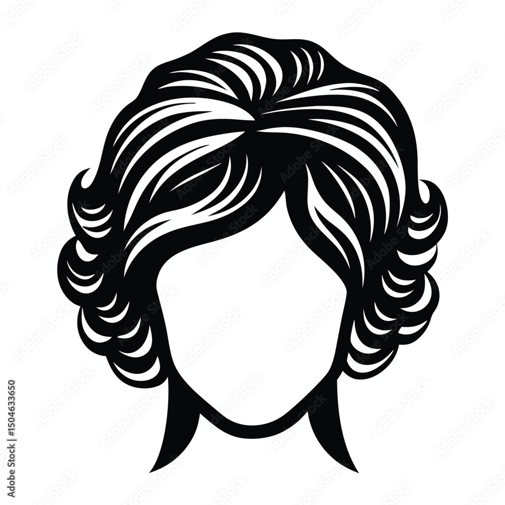 Fototapeta premium A simple and bold silhouette of a woman's face with long, wavy hair, outlined in black on a clean white background