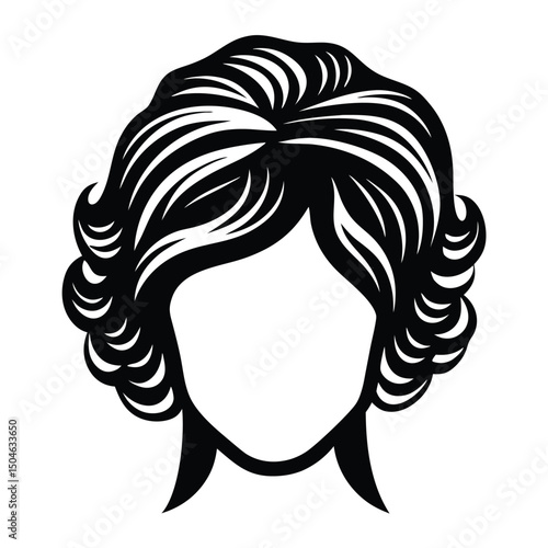 A simple and bold silhouette of a woman's face with long, wavy hair, outlined in black on a clean white background