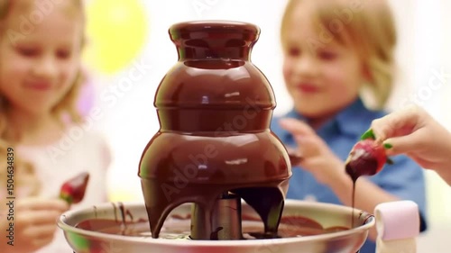 A slow zoom-out of a chocolate fondue fountain with fruits and marshmallows being dipped in, kids’ hands reaching in, joyful party setting