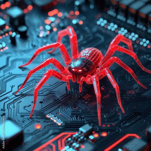 Futuristic Cybernetic Virus Crawling on Circuit Board
