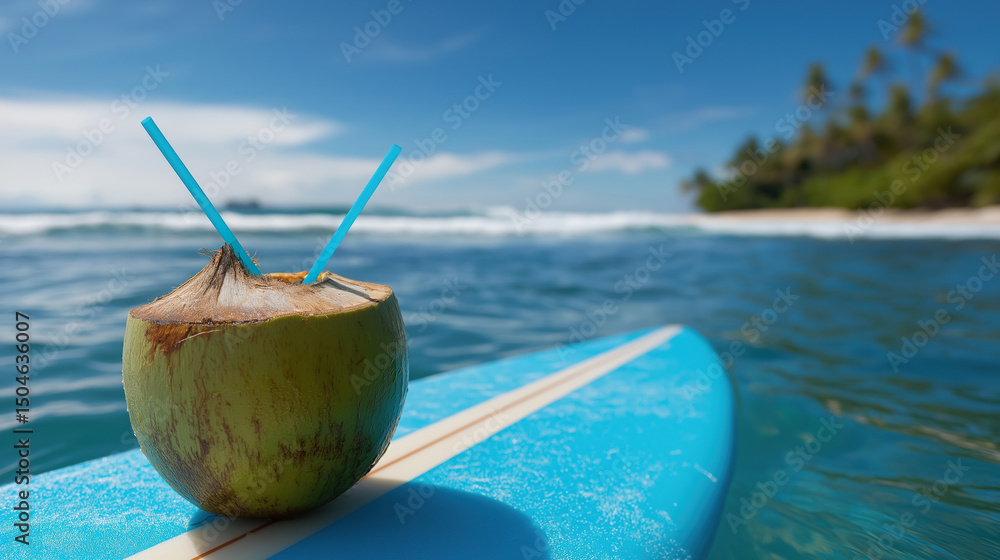 Refreshing coconut drink on surfboard by tropical beach under clear blue sky Refreshing coconut drink on surfboard by tropical beach under clear blue sky
