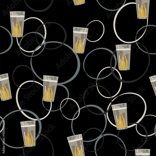 Seamless beverage pattern with beer glasses and abstract ellipses. 