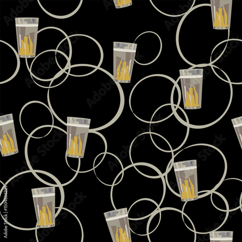 Seamless beverage pattern with beer glasses and abstract ellipses. 