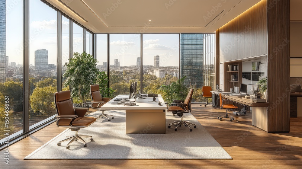 Fototapeta premium Modern office interior with panoramic city views and stylish furniture
