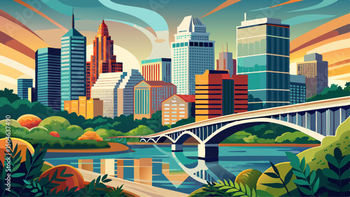 The Austin Texas skyline shines above the scenic Colorado River, with Congress Bridge spanning its waters. This urban landscape blends modern architecture with nature, capturing the vibrant city’s spi