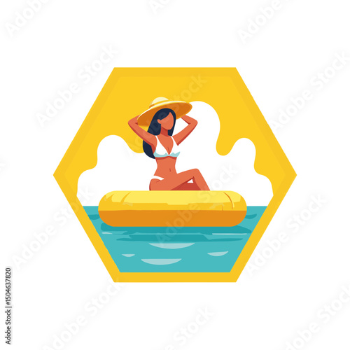 Relaxing woman in a swimsuit enjoying summer sun on a yellow inflatable float in clear blue water, vibrant summer vacation concept of beach resorts or leisure activities