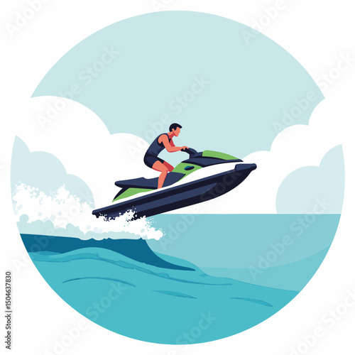 Man riding a jet ski, having fun, speeding across waves against a sunny sky and ocean backdrop, summer holiday at grandmas concept of water sports or adventure tourism