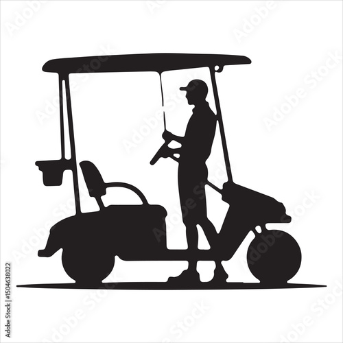 Graphic artwork of a golf cart vehicle driving silhouette set against a white background
